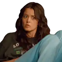 a woman wearing a black shirt that says lo on it