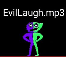 a purple and green cartoon character standing next to each other with the words evillaugh.mp3 below them