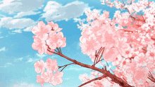a cherry blossom tree with pink flowers against a blue sky with clouds