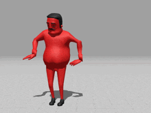 a red cartoon character with a mustache is standing on a grey surface