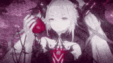 a girl in a black dress holds a red heart in her hand