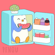 a penguin is eating a watermelon in a refrigerator