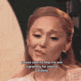 a woman in a white dress is crying and asking sabrina to help her win a grammy for eternal sunshine
