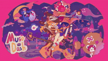 a poster for muse and dash shows a witch on a broomstick