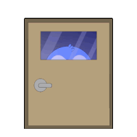 a penguin is peeking out of a door with a window