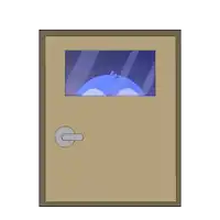 a penguin is peeking out of a door with a window