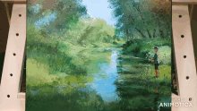 a painting of a boy fishing in a river is made by animatica
