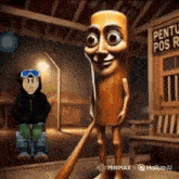a cartoon character is standing next to a man in a black hoodie and goggles .