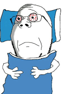 a cartoon of a man wearing glasses and holding a pillow