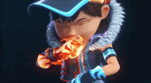 a cartoon character is eating a piece of pizza with a fire coming out of his mouth .