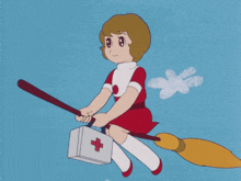 a girl is flying on a broom holding a first aid kit with a red cross on it