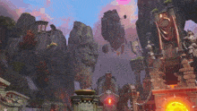 a video game scene with a statue of a man holding a sword