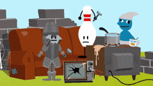 a cartoon of a knight bowling pin and a smurf