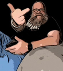 a man with a beard and glasses is giving a middle finger