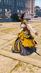 a woman in a yellow and gray dress is standing on a stone floor