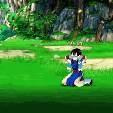 a girl in a blue dress is kneeling in a field with lv 10 written on the bottom