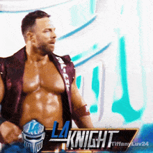 a shirtless man is standing in front of a sign that says knight