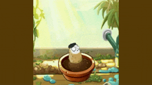 a potato is growing out of a pot in a cartoon .