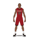 a basketball player with the number 13 on his jersey flexes his muscles