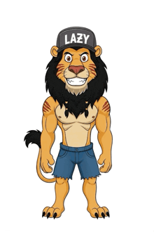 a cartoon lion wearing a hat that says lazy on it