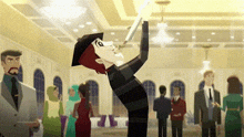 a cartoon of a man holding a sword in a room with people