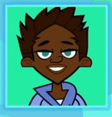 a cartoon boy is smiling and wearing a purple jacket .
