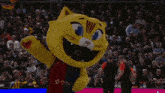 a yellow cat mascot is holding a flag in front of a crowd at a sporting event