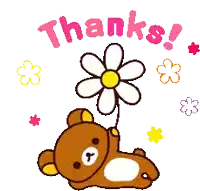 a cartoon of a bear holding a flower with the words " thanks " above it