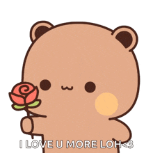 a teddy bear holding a rose with the words i love u more loh < 3