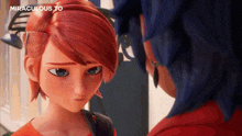 two cartoon characters are looking at each other with miraculous to written on the bottom