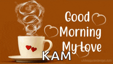 a cup of coffee with two hearts on it and the words good morning my love kam