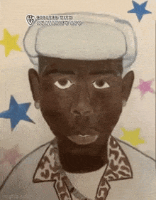 a painting of a man wearing a white hat and a leopard print shirt