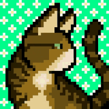 a pixel art drawing of a cat on a green background with flowers