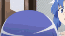 a girl with blue hair is looking at something in a room