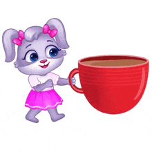 a cartoon rabbit is holding a large red cup of coffee .