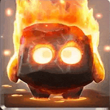 a cartoon character with glowing eyes and a fireball coming out of its head .