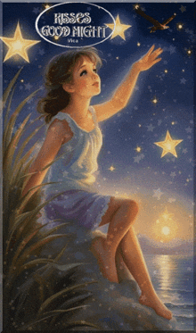 a painting of a girl reaching for a star with the words kisses goodnight