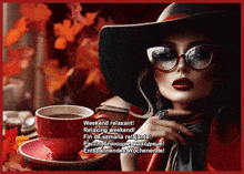 a woman wearing sunglasses and a hat holds a cup of coffee