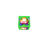 a green cube with a cartoon character on it
