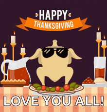 a picture of a turkey wearing sunglasses with the words happy thanksgiving love you all below it