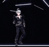 a cartoon character in a black suit is standing in front of a black background