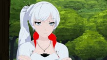 a girl with white hair and a red ribbon around her neck