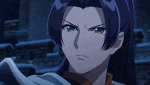 a close up of a girl with purple hair and blue eyes