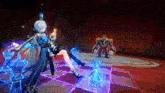 a girl is sitting on a chess board with a robot behind her