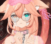 a girl wearing glasses and a pink collar has tears running down her face