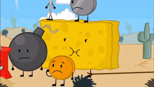 a group of cartoon characters including a bomb a sponge and a coin