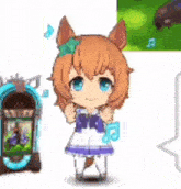 a little girl with a bow on her head is standing next to a jukebox .