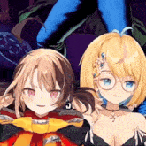 two anime girls are standing next to each other and one has the number 31 on her neck