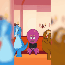 a cartoon of a purple octopus sitting next to a blue dinosaur and a brown bear