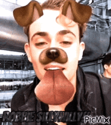 a picture of a man with a dog mask on his face with the caption robbie silly willy